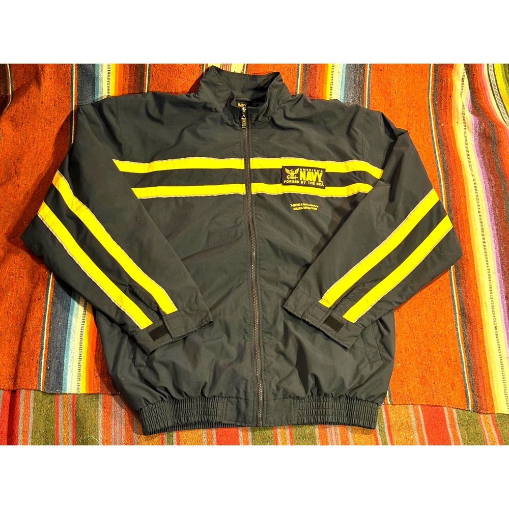 US NAVY Full Zip Windbreaker Jacket Size XL Forged By The Sea Blue Yellow STYLE!